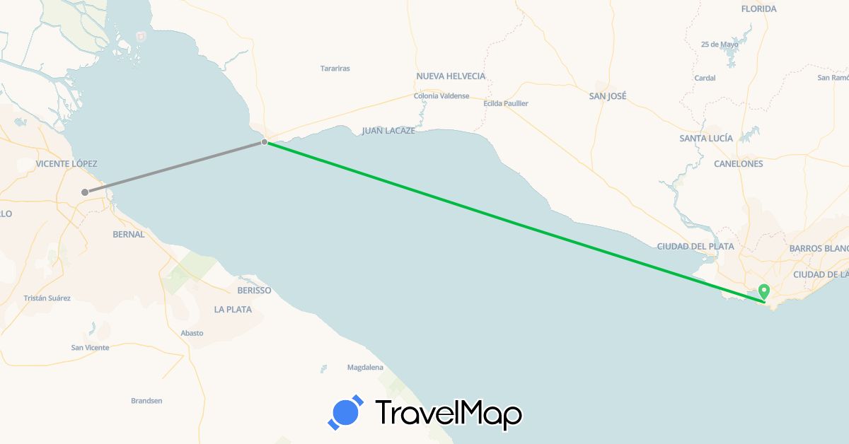TravelMap itinerary: driving, bus, plane in Argentina, Uruguay (South America)